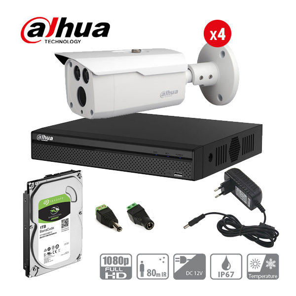 Kit-supraveghere-video-de-exterior-pentru-casa-dahua Pachet DVR 4 canale + 4 camere exterior 2MP, IR 80m - Dahua - imagine 1